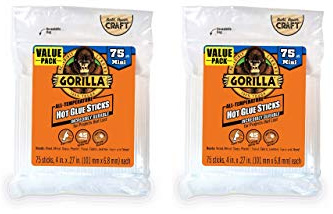Gorilla Hot Glue Sticks, Clear Glue, Mini Size 4 Long x 0.27 Diameter, 75 Count (Pack of 2) - Safe for All Temperatures with Extended Working Time