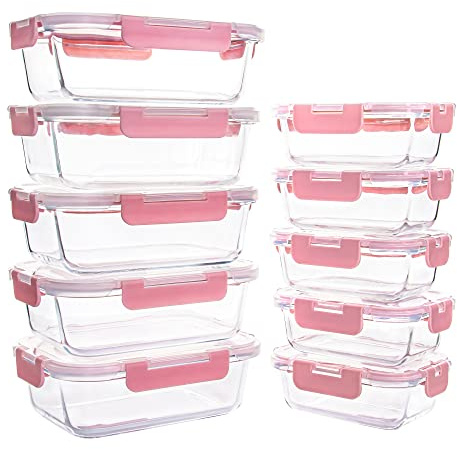 YARYOUNG 10 Pack Glass Food Storage Containers, Glass Meal Prep Containers with Lids, Leak Proof, Microwave & Freezer Safe, pink
