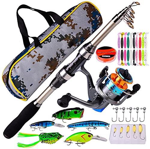 Kuashidai Canne da Pesca Telescopiche Reel Combation Set con Mulinello da Pesca Esca da Pesca Set Accessorio da Pesca con Borsa da