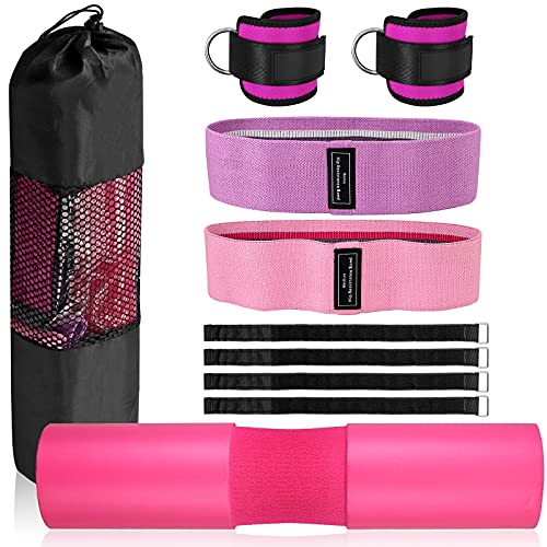 Langhantel Polster Pad Set VINTEAM Nackenpolster Fitness Pads Hip thrust polster Upgrade Rutschfeste Verdickung Barbell Squat Pad 33mm mit 2 Gym-Knöchelriemen 2 Hüft-Widerstandsbänder mit Tragetasche