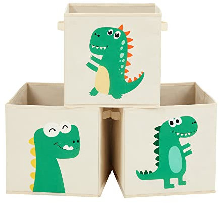 SONGMICS Aufbewahrungsbox, 3er Set, Aufbewahrungskorb, Spielzeugaufbewahrung, Stoffboxen, 30 x 30 x 30 cm, faltbar, mit Griffen, Schlafzimmer, Spielzimmer, Dinosaurier-Motive, beige RFB704W03
