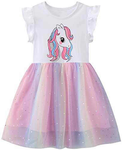 Baogaier Vestido Niña Unicornio Impresión Algodón Lentejuelas Tul 2-7 Años | Cuello Redondo, Vestidos Princesa Fiesta Diario Cumpleaños, Transpirable, Casual Cómodo, Verano Ropa, Niñas Regalo, 2-7 Años