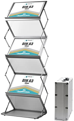 DisplayLager - Prospektständer, Faltbar, 2x A4 / 1x A3 pr. Ablage, Inkl. Tragekoffer aus Alu. Bodenprospektständer Hochformat Falt-Prospektständer (Silber)