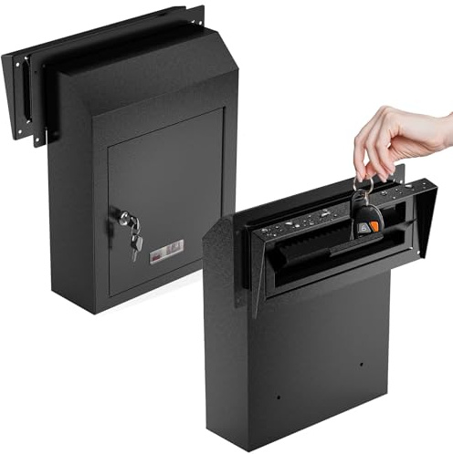 Metateel Through The Door Locking Mail Drop Box with Rain Cover Mail Slot, Heavy Duty Door Mount Mailboxfor Key Rents Cash Checks Letters, Safe Deposit Drop Box for House Office Commercial, Black