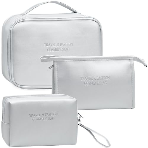 LEcylankEr Neceser Mujer 3 Piezas Neceser Maquillaje de Viaje Neceser Mujer Maquillaje Impermeable Makeup Bag Portátil Bolsa de Cosméticos Mujer (Plata)