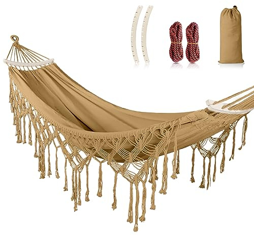 MOSFiATA Hamaca Jardin Boho, Hamaca Colgante con Flecos und Travesaño, Hamacas Tela Cómoda & Fácil de Montar, Capacidad de Carga de 250 kg