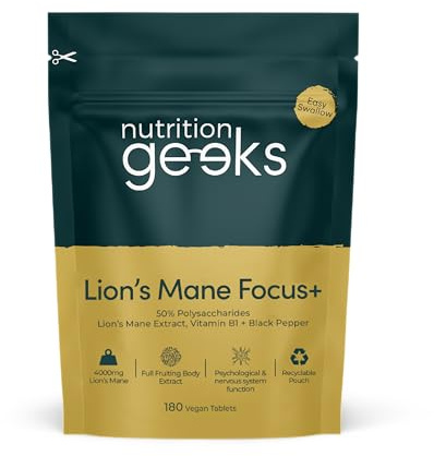Lions Mane Supplement 4000mg with Vitamin B1 & Black Pepper, 180 Vegan Tablets - Lion's Mane Mushroom 15:1 Extract (Not Lions Mane Powder or Capsules), UK Made for Mental Performance & Nervous System