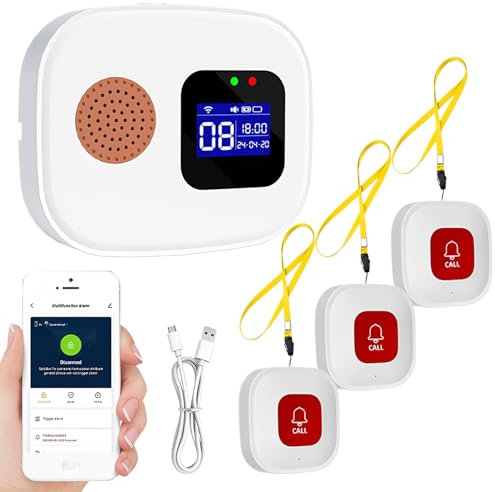 Pulsante di Chiamata di Emergenza per Anziani, Wi-Fi Sistema di Chiamata di Emergenza Intelligente, 3 SOS Pulsanti di Chiamata di Emergenza, 1 Ricevitore Display Digitale, Caregiver Pager per Pazienti