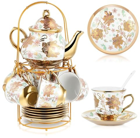 Ceramic Tea Cup Set, 20 Pcs European Ceramic Tea Set for Afternoon Tea, with Metal Holder and 6 Tea Cups, 450 ml Porcelain Tea Pot Set, 90 ml Tea Cup for Party, Women,Coffee, Flower Tea