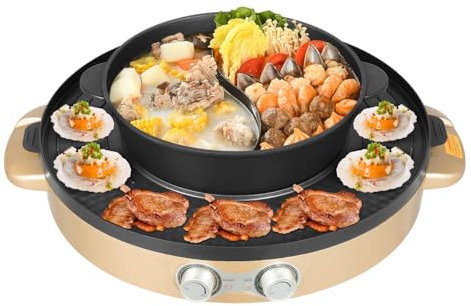 2 en 1 Hot Pot con tapa transparente, 2200 W, cocina multifunción, barbacoa eléctrica, horno sin humo, parrilla eléctrica, adecuada para el hogar y restaurantes, color dorado
