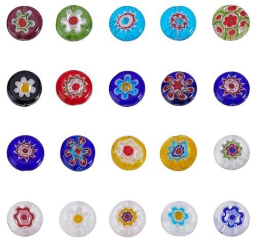 HOBBIESAY 100 perlas de vidrio planas redondas de flores de 10 mm, perlas florales coloridas, perlas sueltas florales, cuentas de vidrio Millefiori Lampwork para mujeres, DIY, pulsera, collar