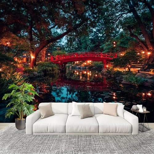 3D Photo Wallpape 400x280cm Japanese Garden with Red Bridge Wall Mural Non-Woven Panoramic Poster Home Decoration Wallpaper Green Murals for Living Room Bedroom Lounge Office