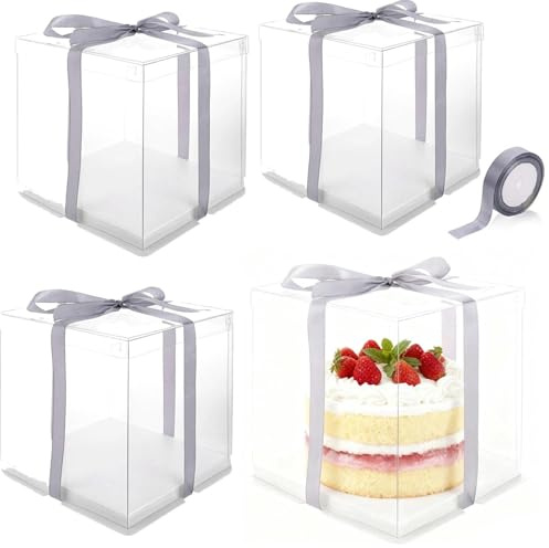 Zbozzba 4 stycken tårtlådor, tårtlåda, återanvändbar, transparent presentförpackning med bas och band, för bröllop, fester, födelsedagar, 22 x 22 x 24 cm