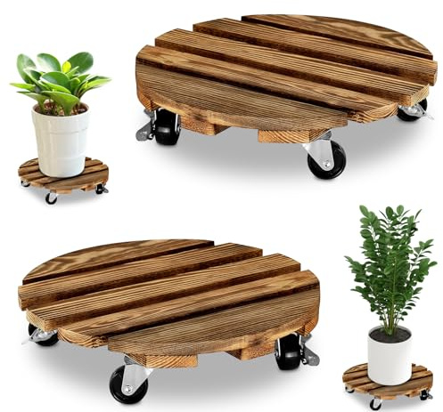Soporte para macetas de madera, redondo, juego de 2 unidades con ruedas bloqueadas, capacidad de carga de 130 kg, para macetas pesadas, uso en interiores y exteriores