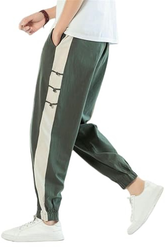 Herr kinesisk stil bomull linne retro manschett fåll kontrast lös passform avsmalnande dragsko joggingbyxor för vardagskläder, Militär En8, XS