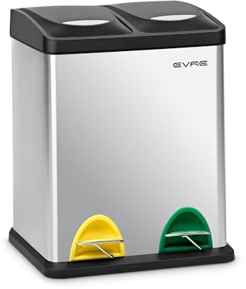 EVRE Indoor Kitchen and Waste Separation Recycling Bin Stainless Steel with Removable Buckets, Odour Seal and Colour Coded Pedals for Offices, Home and Classrooms (16L, 8L+8L)