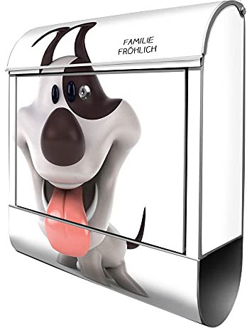 banjado® Design Briefkasten personalisiert Comic-Hund 38,5x46,5x13cm & 2 Schlüssel - Briefkasten Stahl Silber Zeitungsfach pulverbeschichtet - Postkasten A4 Einwurf inkl. Montagematerial