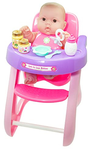 JC Toys- Muñeca Lots to Love Babies de 36 cm de Vinilo Suave, Incluye Trona y 7 Accesorios Comer, Ideal para Jugar, Rosa y Morado, diseñado por Berenguer, +2 años