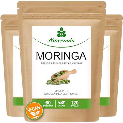 Moringa Kapseln 1200mg - 180 Tage Vorrat - Vegan - ohne chemische Zusätze - Laktose-, fruktose-, glutenfrei - Über 90 Nährstoffe, Proteine, Vitamine, uvm. - von MoriVeda - 360 Caps