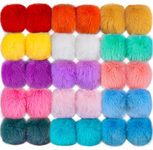 BQTQ 30 Pieces Faux Fur Pom Pom Balls with Elastic Loop Faux Rabbit Fur Fluffy Pompoms for Hats Beanie Scarves Gloves Bags Accessories(15 Rainbow Colors, 2 Pcs Each Color)