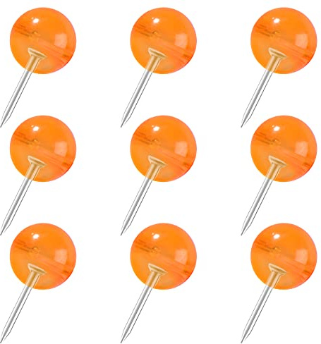 VAPKER Orange kartgrepp 150 st stora stift 9,5 mm (0,37 tum) tryckstift med runt huvud stålspets med transparent plast runt huvud karta tumgrepp för bilder, affischer, dokument