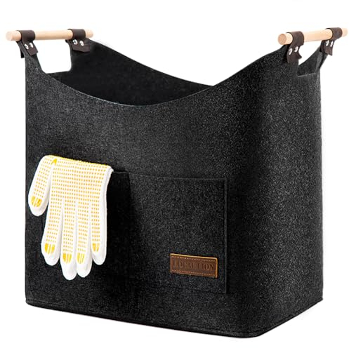 LOCAL LION Cesta de Leña con Asas, Bolsa de Fieltro Plegable, 4 mm de Espesor, con Guantes, Bolso Multiusos para Madera Periódicos Leña Ropa Juguetes y Comestibles