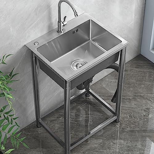 Fregadero Acero Inoxidable Independiente Fregadero de Camping de Un Seno,Comercial Fregadero Exterior Jardin Portatil Fregadero Multiusos Para Garaje,Con Grifo (45x40x75cm)