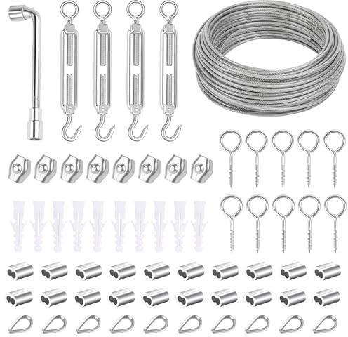 talifoca 30m Cable de Acero Inoxidable, 3mm Cable Acero Nylon, Kit de Cuerda de Acero con Tensor y Alambre para Suspensión de Cuerda,Tendedero, Toldos, Soporte Planta