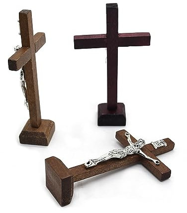 Yooghuge Wooden Catholic Cross With Stand - Religious Christian Crucifix for Church and Home Shelf Decoration (Random Colour)