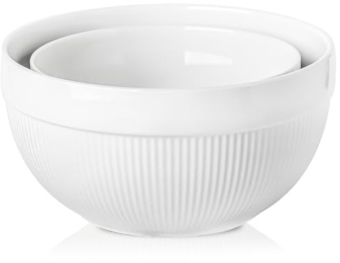 TEAKISS Ceramic Large Mixing Bowls for Kitchen, Set of 2 Big Serving Bowls for Cooking, Popcorn, Salad, Soup, Baking, Dough Bread Making Bowl, 10 inch + 8 inch, White