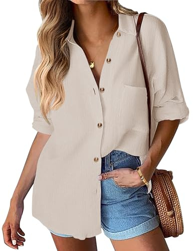 Hotouch Chemises Femme Manches Longues Coton Chemise Décontracté Basique Femme Col en V Couleur Unie Chemise Braguette Bouton