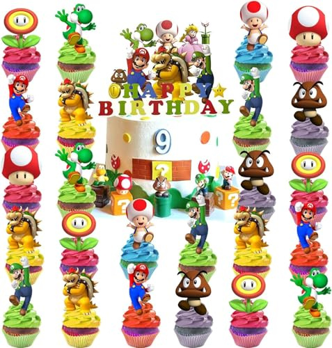 Mario Confezione di decorazioni per torte di compleanno da 25 topper per cupcake di Mario Decorazione per cupcake e torta per la festa di compleanno dei bambini, decorazione per cupcake e torta per la