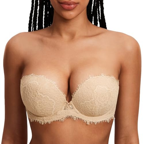 DOBREVA Reggiseno Senza Spalline Push Up Donna Pizzo con Ferretto Imbottito Antiscivolo Farina d'avena Leggera 6C