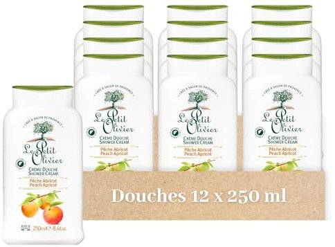 LE PETIT OLIVIER - Crème Douche Extra Douce & Hydratante (lot de 12x250ml) - Pêche Abricot - PH Neutre Pour La Peau - Sans Savon, Sans Colorant - Fabriqué En France - 500 ml