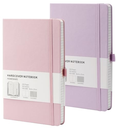 HOMEMARS A5 anteckningsbok, randig, 200 sidor, 100 g/m dagligen, A5 Notebook, journal, rosa lila, tjockt premiumpapper, 2-pack, läder, hårt omslag, penna