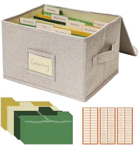 Vienrose Greeting Card Organizer Storage Box with 20 Removable Dividers, 84 Self-stick Labels, Perfect for Photos, Envelopes, Scrapbooking, Paper, Stickers Holder 1 Pack Beige