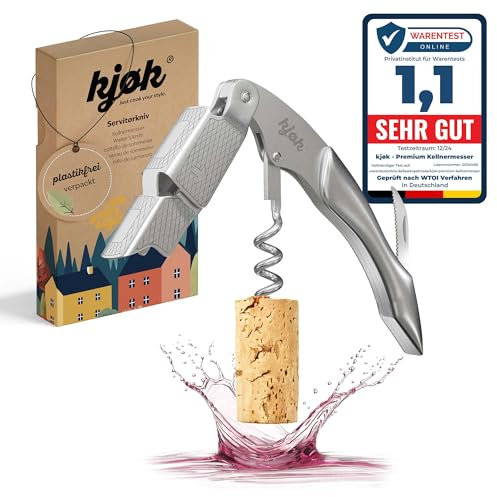 kjøk Premium Cavatappi in acciaio inossidabile massiccio spazzolato con taglia-capsule - coltello professionale da sommelier, apribottiglie - elegante utensile da cameriere