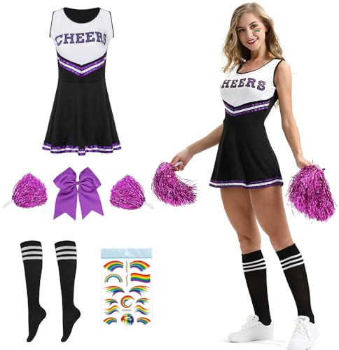 Shengou Disfraz de Animadora Mujer Adulta,Disfraz de Animadora para Mujer Talla-S,Uniforme de Cheerleader,con Pompones y Calcetines,Disfraz Carnaval para Halloween y Fiestas de Disfraces. (negro, L)
