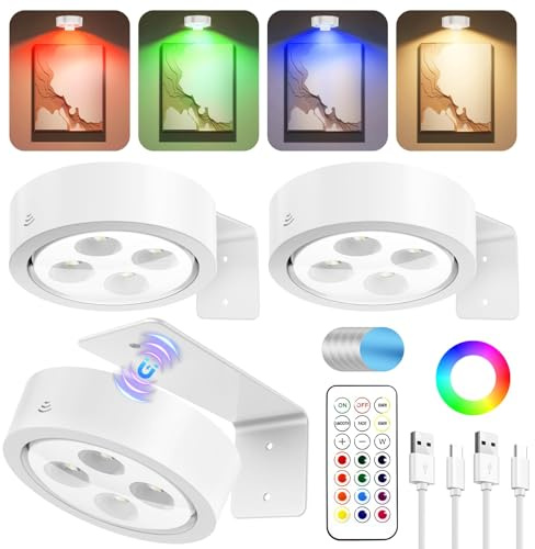 Galizey 13 RGB Color Picture Lights for Wall - Rechargeable Battery Operated Poster Lights with Remote - Magnetic Painting Light for Pictures Photo Frame Portrait, Dimmable & Timer (White, 3 Pack)