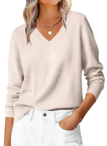 Hotouch Pull en tricot basique à col en V et manches longues pour femme | Pull en tricot léger et ample pour l'automne et l'hiver - Tailles S à XXL