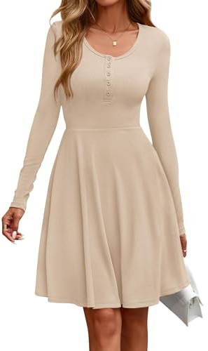 EIRUKON Damklänning, långärmad rund hals, höstklänning, elegant tröjklänning, ribbad knälång, ledig höst, vinter, A-linje, midiklänning med fickor, Beige, XL
