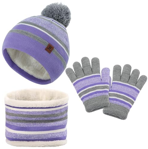 LACOFIA 3 PCS Kids Winter Warm Knitted Hat Scarf Gloves Set | Children Boys Girls Pom Pom Beanie,Thermal Fleece Lining Neck Warmer,Winter Outdoor Accessories,Stretchy,2-7 Years