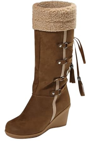 Generisch Bottines à enfiler pour femme avec talon - Bottes larges pour femme - Antidérapantes - Talon compensé - Bottes larges au mollet - Bottes tendance - Bottes de neige doublées, kaki, 35 EU