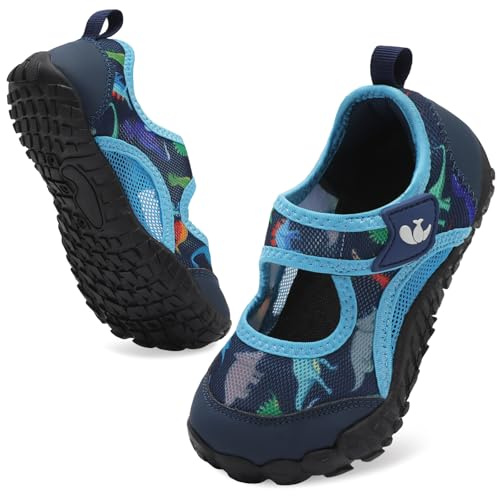 JOINFREE Forest School Kids Water Shoes Closed Toe Barefoot Sandals Non Slip Aqua Shoes for Outdoor Learning River Walk Camping Nature Play Blue Dinosaurs 12 Little Kid