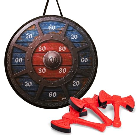 Simba Dardos Vikingos – Juego de Dardos con 3 hachas Dobles de Colores (15 cm) y Diana de Tela Impresa (65 cm de diámetro), Juego de Lanzamiento Infantil para Interior y Exterior, a Partir de 3 años