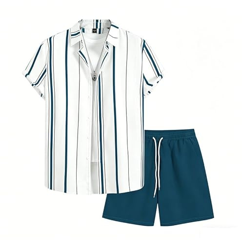 keepmore Completo Estivo Maschile 2 Pezzi Coordinato Camicia Casual a Maniche Corte con Bottoni con Stampa 3D a Righe e Paisley e Pantaloncini con Vita Elastico Outfit da Vacanza per la Spiaggia