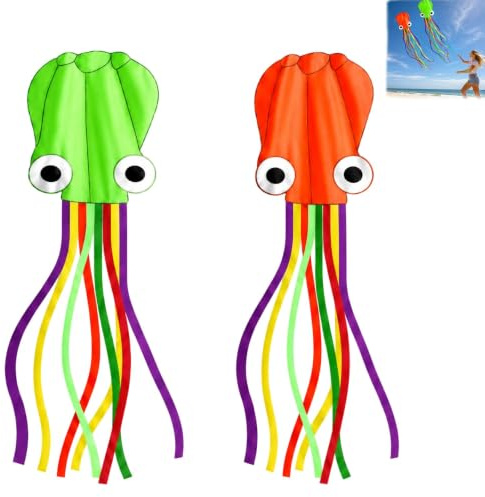 Kites for Kids Ages 4-8 Easy to Fly, Octopus Design with Long Tail, Outdoor Flying Fun for Parks and Beaches, Set of 2 Kites Measuring 3 by 55 cm