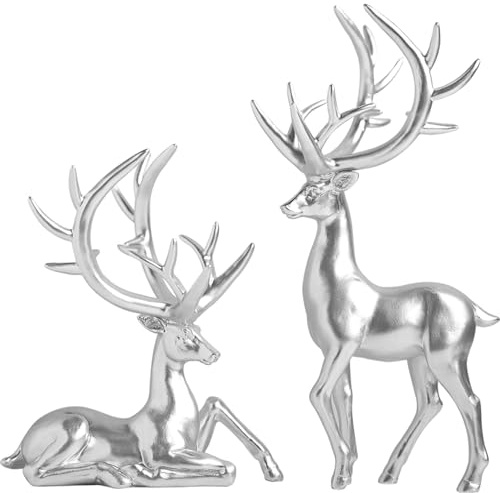 ESSECMBS 2PCS Reindeer Figurines Set Silvery Deer Resin Statues Table Decorations (2Pcs Silver, One size)