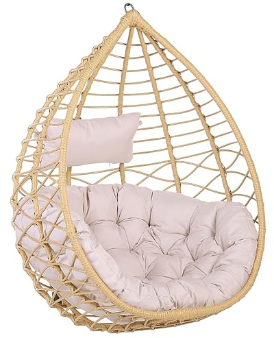 Sedia Sospesa con Cesta di Rattan Beige per Interno ed Esterno