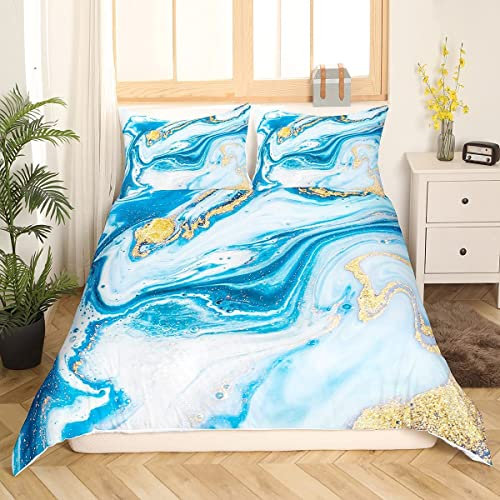Blauer Marmor Bettbezug Set 135x200,Gold Glitzer Türkis Bettwäsche Set,Blauer Weißer Stein Marmor Trösterbezug für Jungen Mädchen,Tie Dye Fluid Magma Abstrakte Kunst Bettbezug Kinderzimmer Dekor